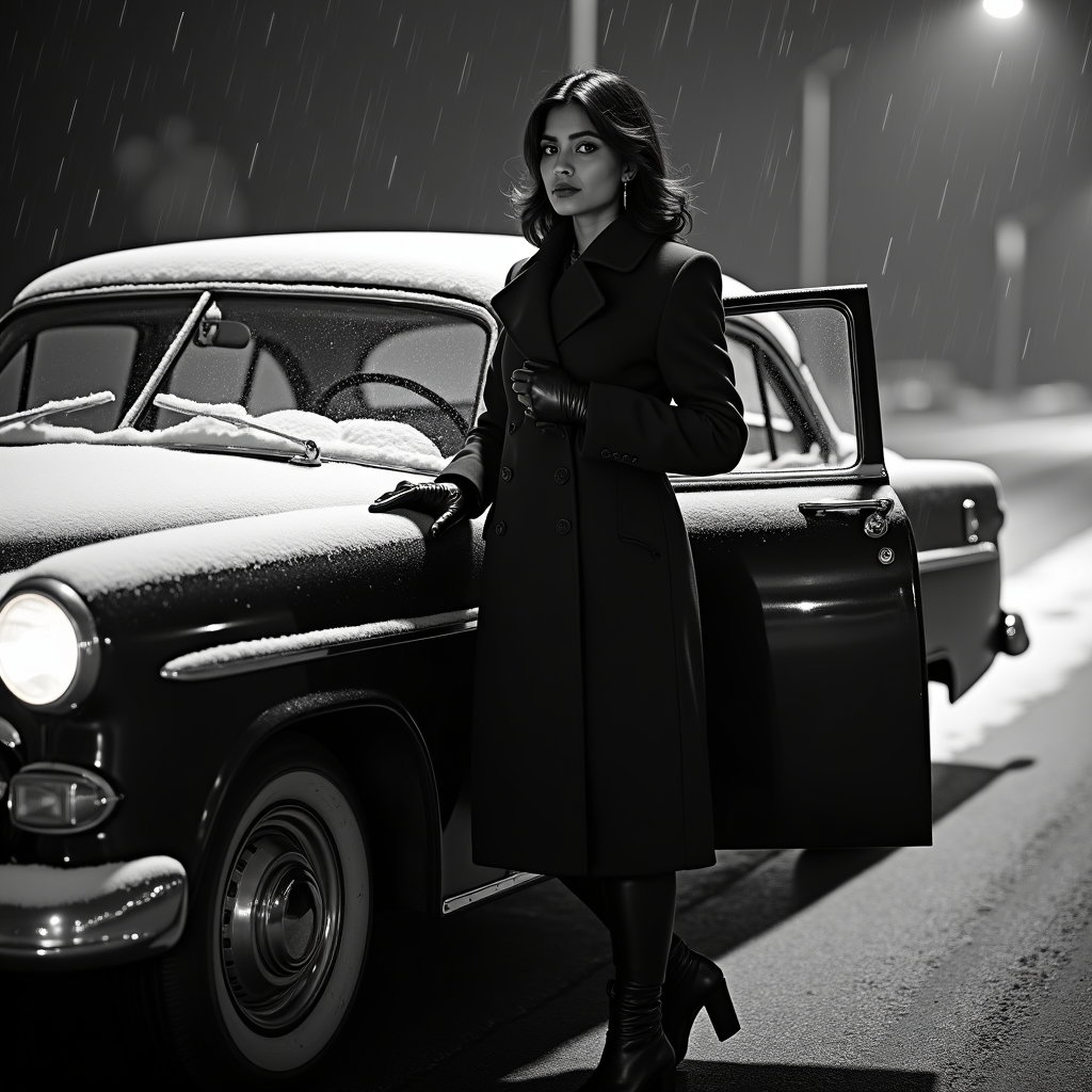 AI-generated photo: Photorealistic black-and-white night street portrait photography of the subject beside a parked vint...