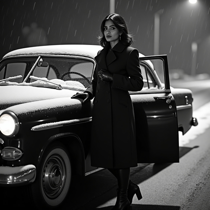 AI-generated photo: Photorealistic black-and-white night street portrait photography of the subject beside a parked vint...