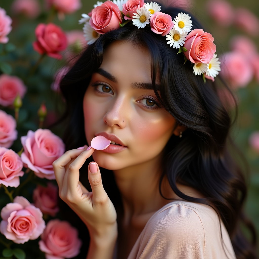 Gros plan avec couronne de fleurs : portrait rapproché avec une épaule tournée vers l’appareil, une personne tenant délicatement un pétale tombé près de la joue tout en portant une couronne de…