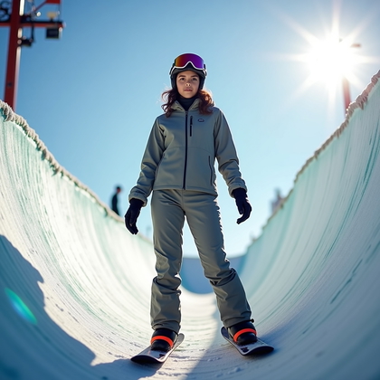 AI-generated photo: Photorealistic snowboard lifestyle portrait on the deck of a halfpipe under crisp midday sun, the su...