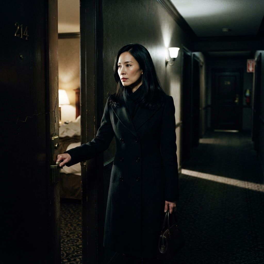 Hotel Corridor Tension: One visible person standing half inside a cracked hotel room doorway, fitted coat buttoned, one hand on the door handle, body angled into…