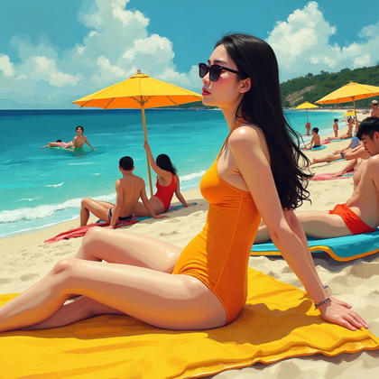 AI-generated photo: **Cubist painting**. A lively beach scene where sunbathers and umbrellas are reimagined through angu...