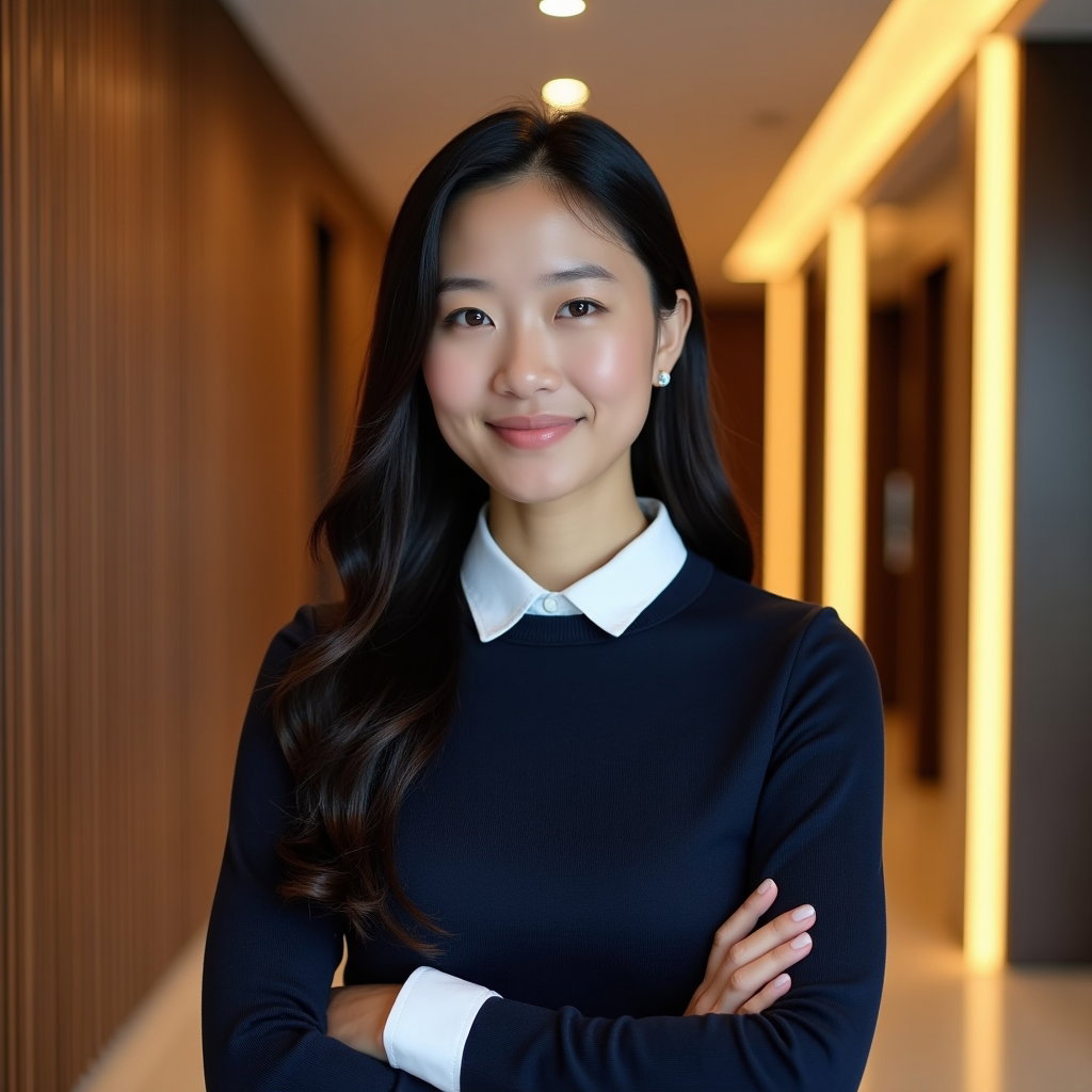 AI-generated photo: Professional headshot photograph in a corporate hallway with a walnut slat feature wall and warm cov...