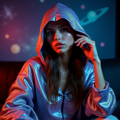 AI-generated photo: Photorealistic portrait photography. A half-body astro portrait of a person wrapped in a shimmering ...
