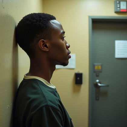 AI-generated photo: Photorealistic intake photography, close-up side-profile shot in a prison processing corner where th...