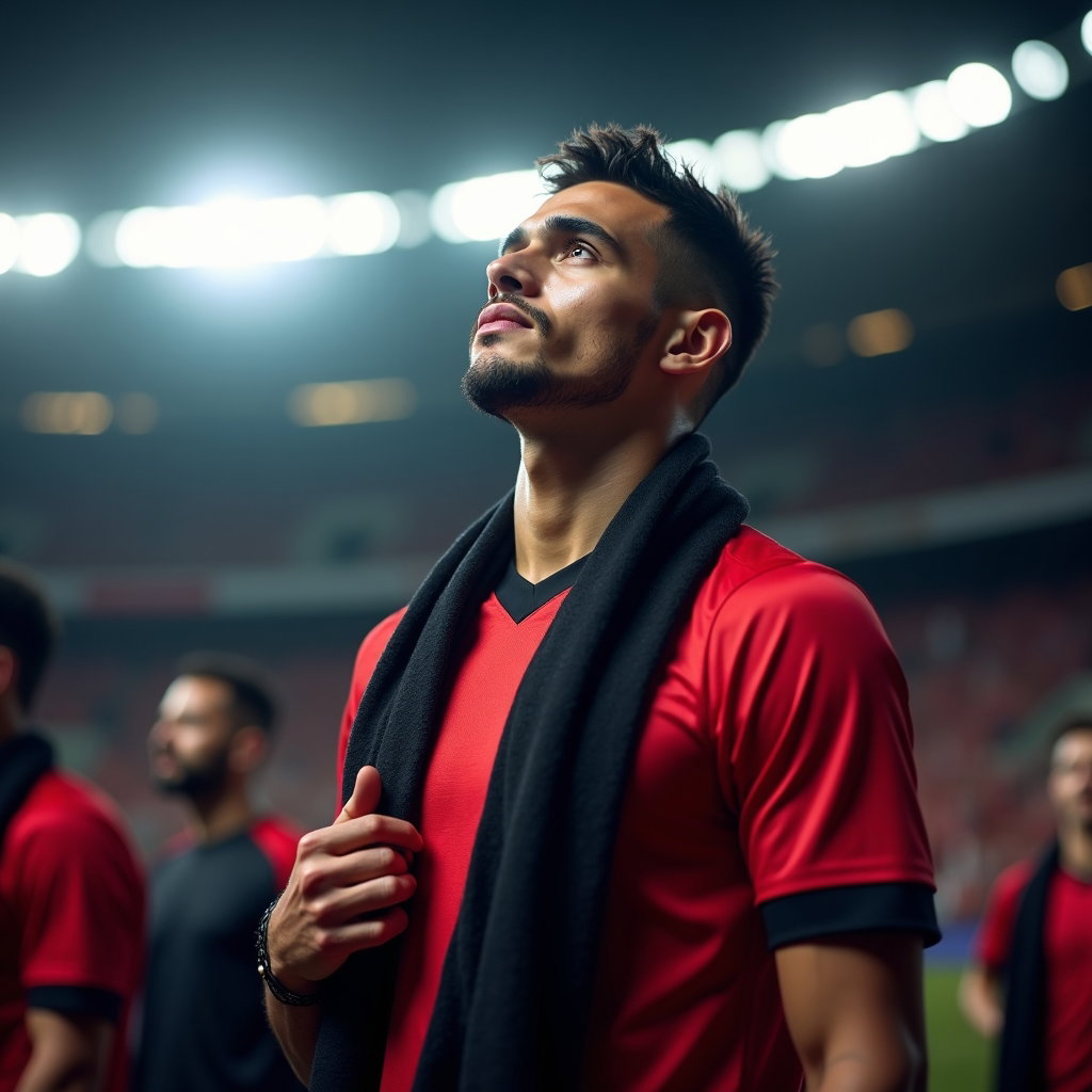 Stadium Arrival Hero Portraits example: Photorealistic sports portrait photography. Editorial cover-style hero image of a single fan standing just outside the s