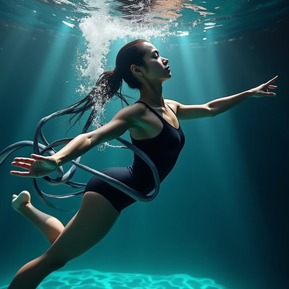 AI-generated photo: Photorealistic underwater cinematic action portrait. A subject is captured in the middle of a fast, ...