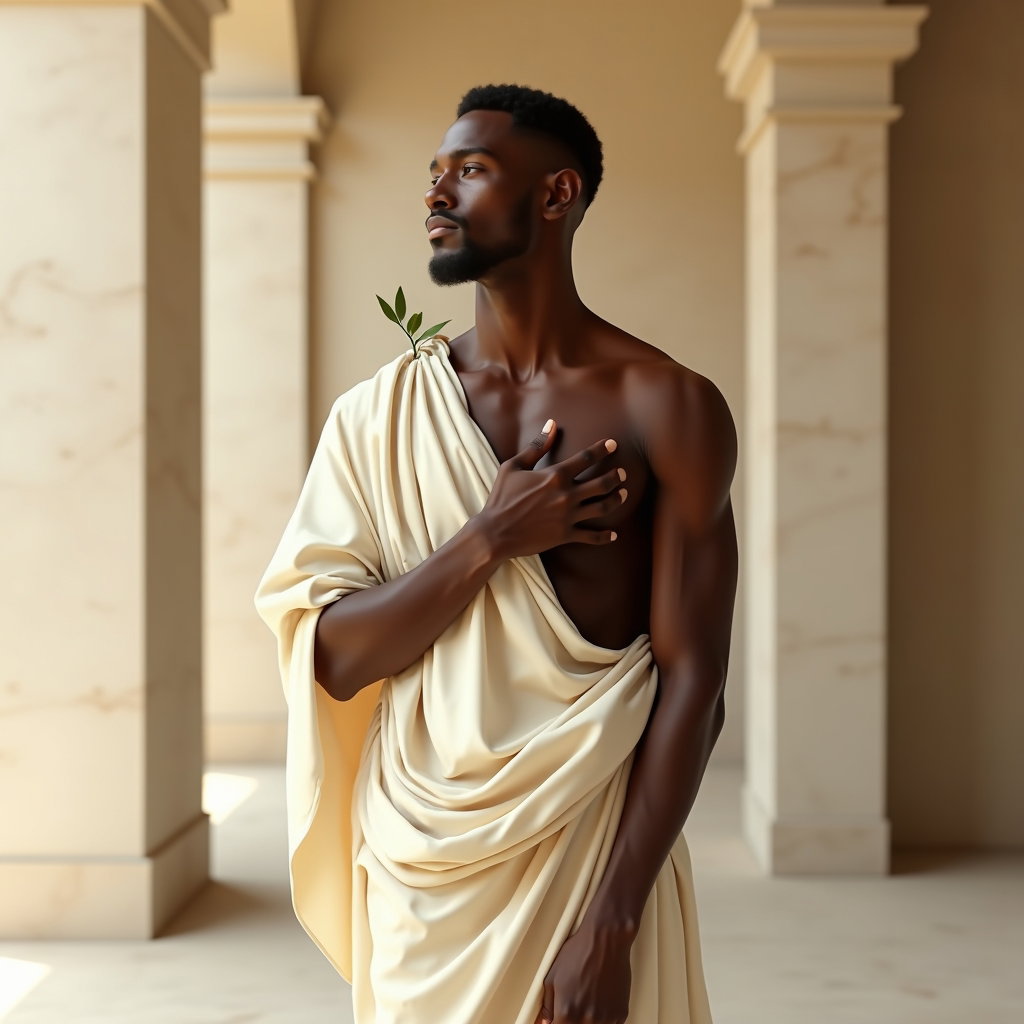 Solo Clean Mythic Portrait Without Costume Clutter example: Photorealistic mythic portrait photography. Half-body portrait with the subject standing in a relaxed contrapposto pose,