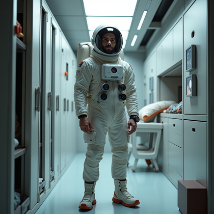 AI-generated photo: Photorealistic editorial photography, a confident helmet-off habitat portrait staged in a lunar base...