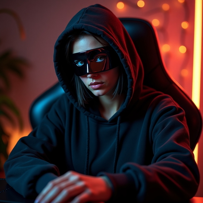 AI-generated photo: Photorealistic gaming avatar portrait photograph. The subject sits in a leather gaming chair, turned...