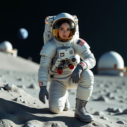 AI-generated photo: Photorealistic sci-fi portrait photography. A lunar explorer is positioned on a gently sloping ridge...