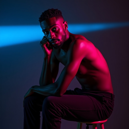 AI-generated photo: Photorealistic studio portrait. Three-quarter body composition with the subject leaning slightly for...