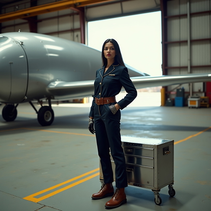 AI-generated photo: Photorealistic aviation-hangar fashion portrait photography: in an aircraft assembly bay, a partiall...