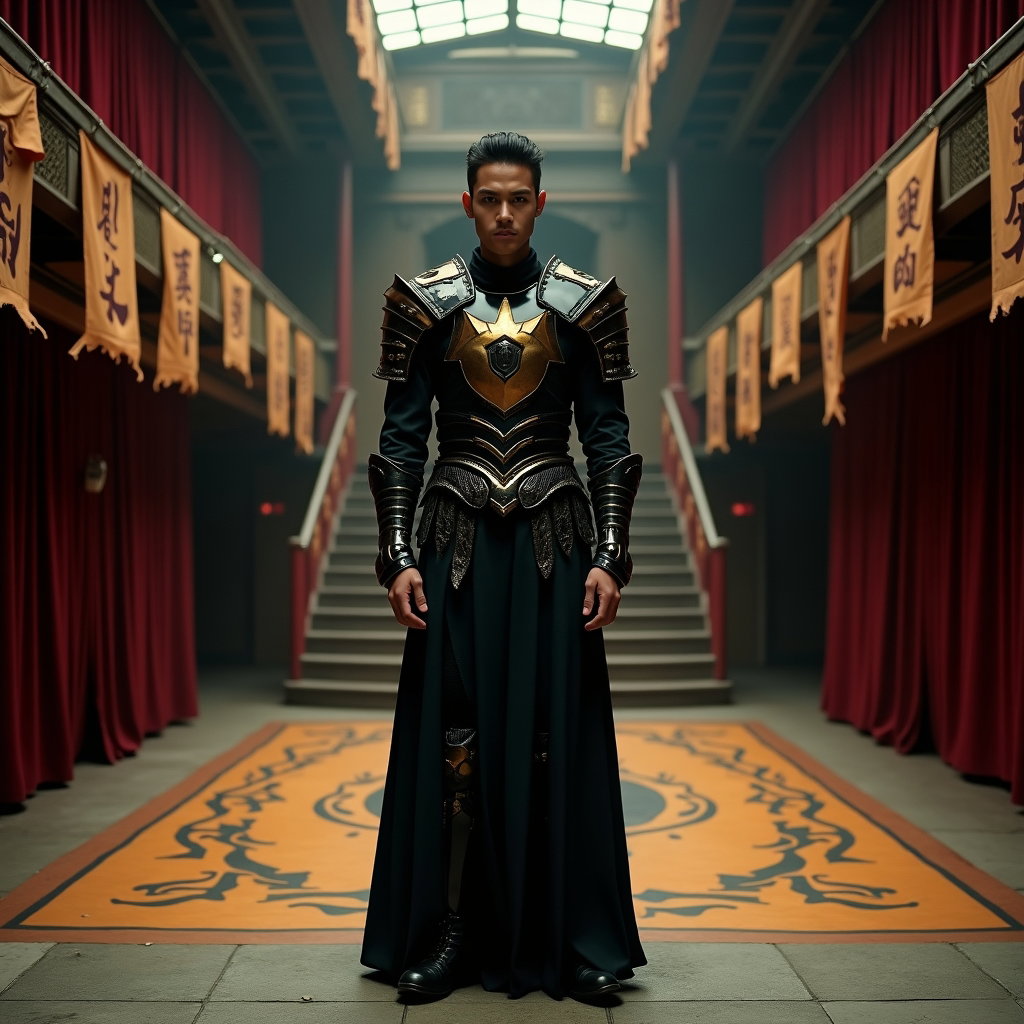 Black-and-Gold Idol Armor Portrait example: Cinematic fantasy environmental portrait photo. The subject stands on the landing of an abandoned concert hall staircase