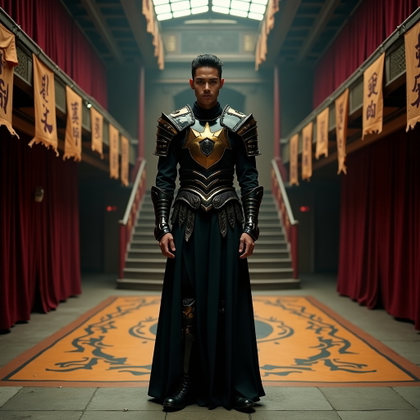 Black-and-Gold Idol Armor Portrait example: Cinematic fantasy environmental portrait photo. The subject stands on the landing of an abandoned concert hall staircase