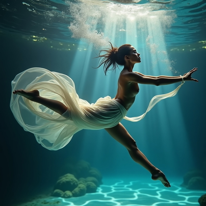 AI-generated photo: Photorealistic underwater contemporary dancer portrait photograph, full body, with the character sus...