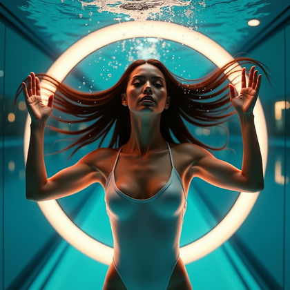 AI-generated photo: Photorealistic underwater portrait photography in a modern glass-walled pool overlooking a blurred c...