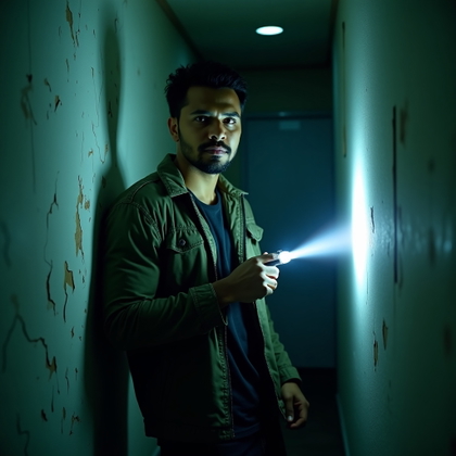 Flashlight-in-the-Dark Hallway Portrait example: Cinematic horror portrait photo of a half-body hallway scene where the subject stands pressed against a peeling wall, ho