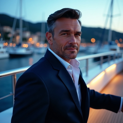 Elegant Waterfront Evening Portraits example: Photorealistic editorial fashion photography. Hero image on a yacht deck at twilight, the subject posed near polished ra