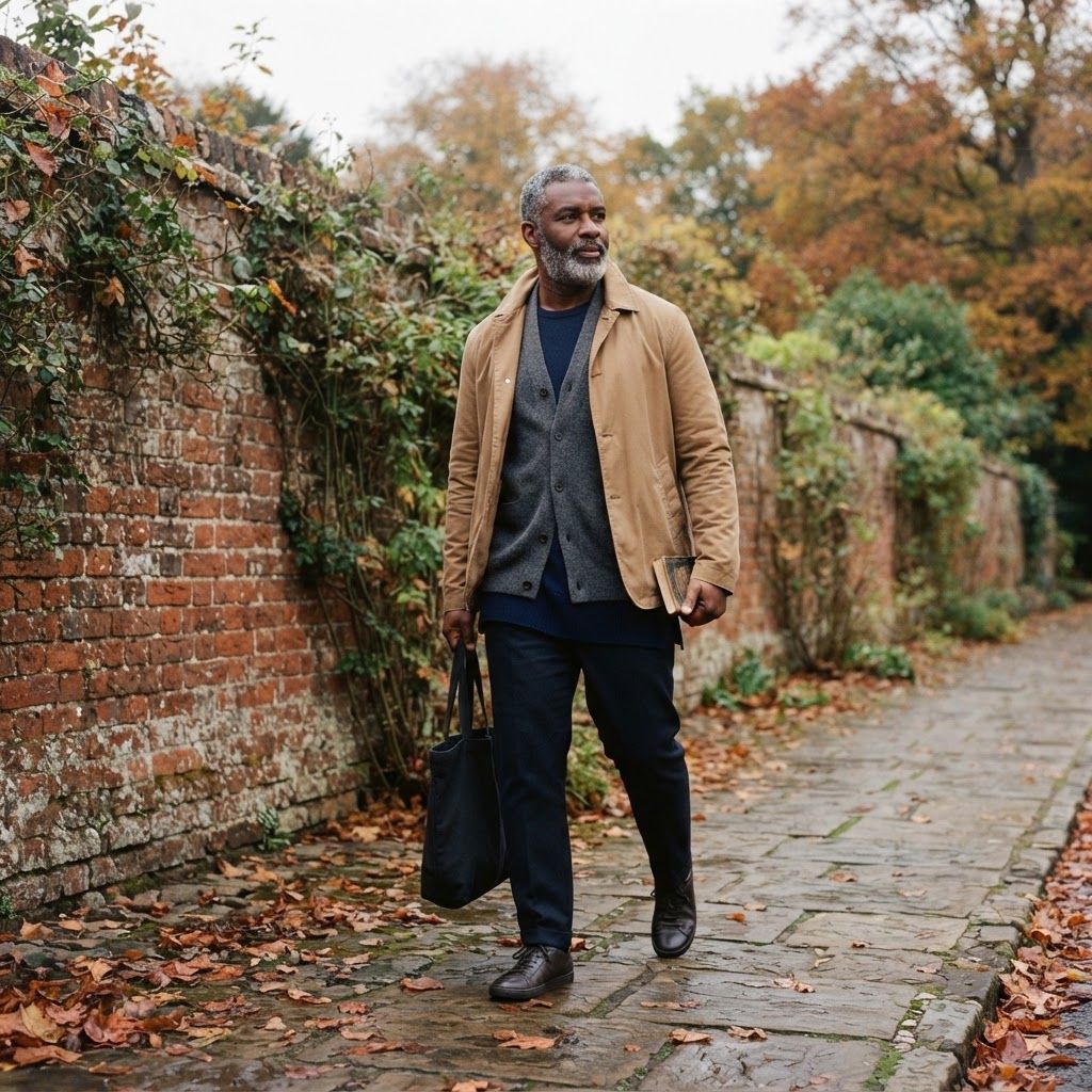 Soft Layers on a Leaf-Strewn Walk: Side-profile portrait mid-stride beside a brick garden wall, with copper leaves across the pavement.