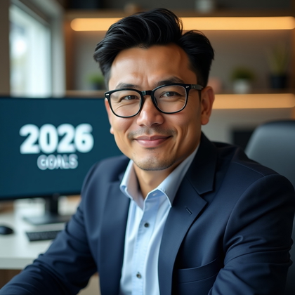 AI-generated photo: Professional headshot: Seated close-up at a glass desk in a contemporary office, face fully visible ...