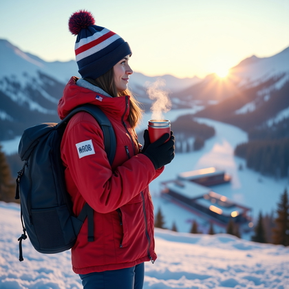 AI-generated photo: Photorealistic lifestyle sports photography. A person stands at a snow-covered overlook with panoram...