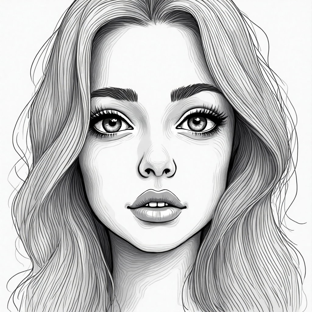 AI-generated photo: Line art illustration. A detailed close-up that explores the complexity of facial features through p...