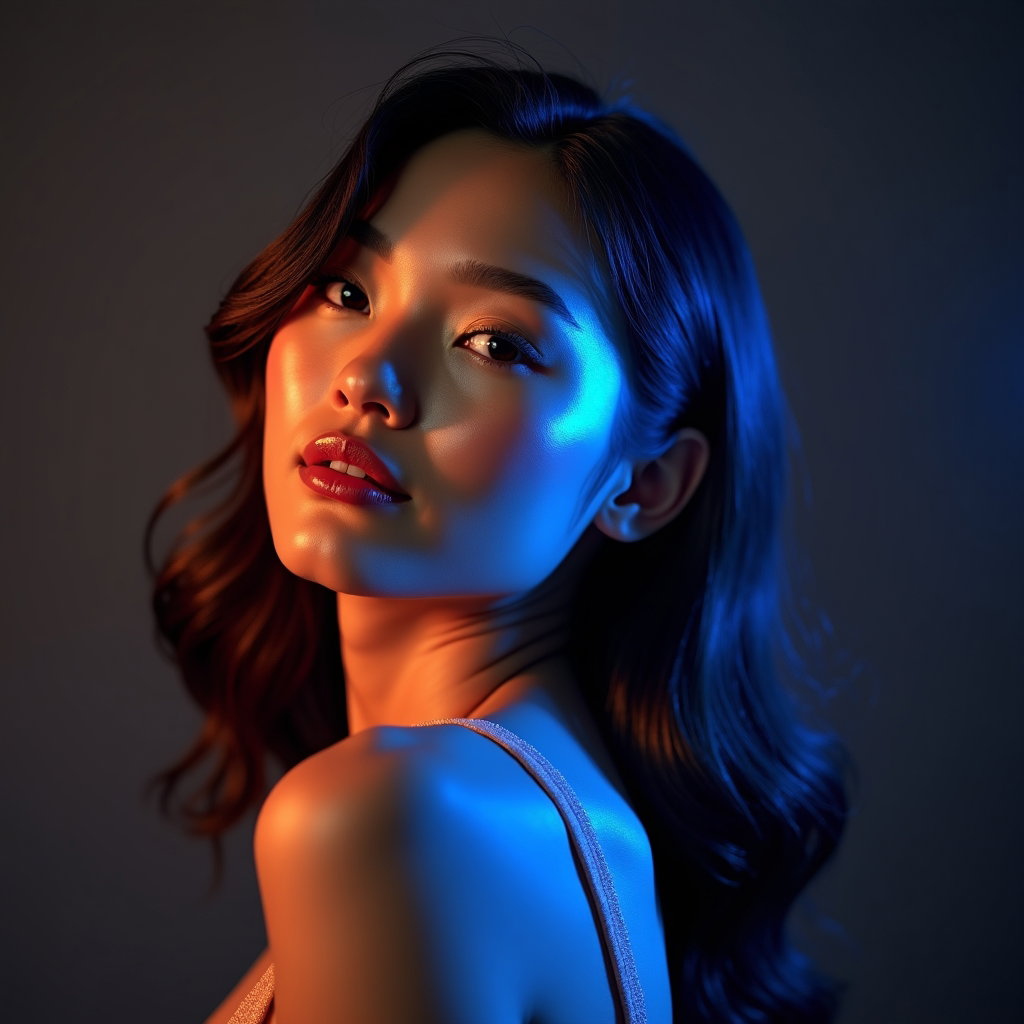 AI-generated photo: Photorealistic studio beauty portrait where the person stands close to a matte dark gray background,...