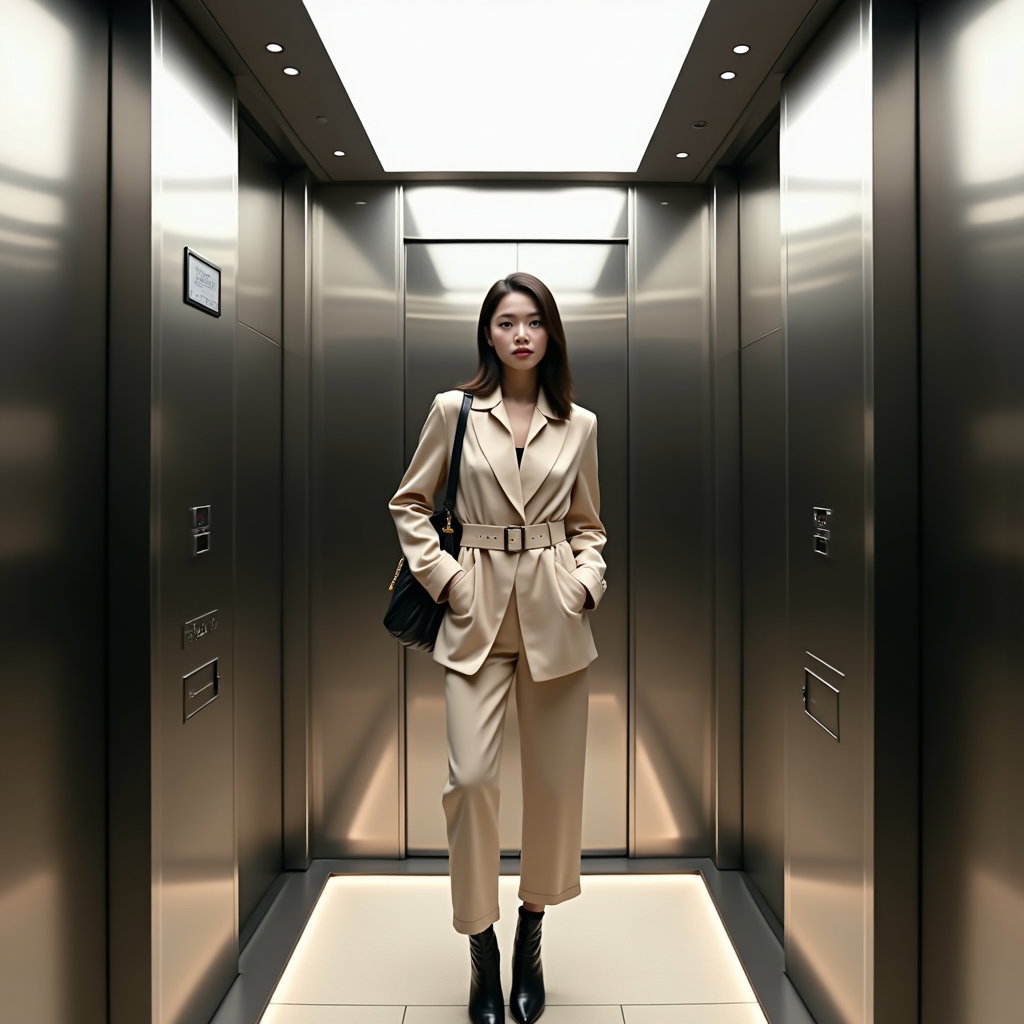 AI-generated photo: Photorealistic mirror selfie photo in a brushed-steel elevator with wraparound mirrors; subject stan...