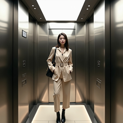 AI-generated photo: Photorealistic mirror selfie photo in a brushed-steel elevator with wraparound mirrors; subject stan...