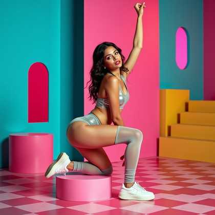 AI-generated photo: 1980s fashion-editorial studio fitness photo on a Memphis-inspired set with zigzag cutouts, polka-do...