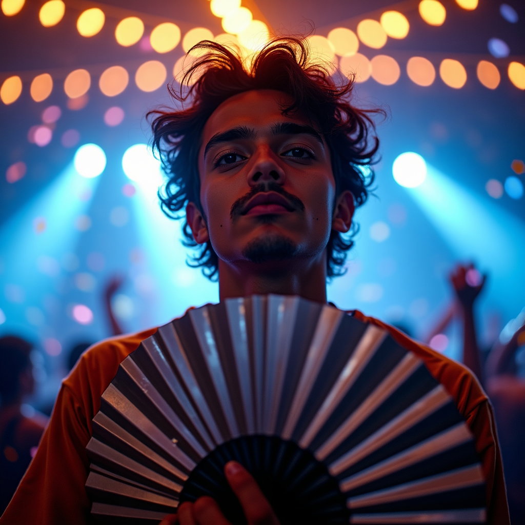 Front-Row Stage Glow Portrait example: Photorealistic festival portrait photography. Motion/action portrait during a beat drop, the subject snapping open a met