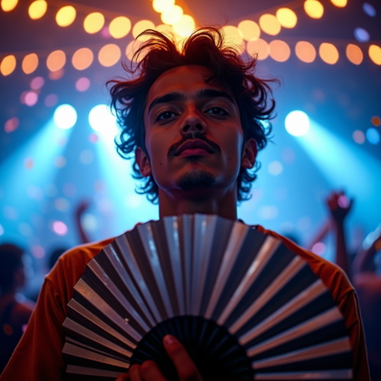 Front-Row Stage Glow Portrait example: Photorealistic festival portrait photography. Motion/action portrait during a beat drop, the subject snapping open a met