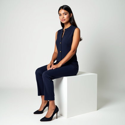 Gilet de tailleur et pantalon : portrait de studio minimaliste avec un cube blanc bas comme seul accessoire.