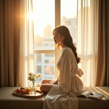 AI-generated photo: Photorealistic lifestyle photography beside floor-to-ceiling windows with sheer curtains glowing; th...