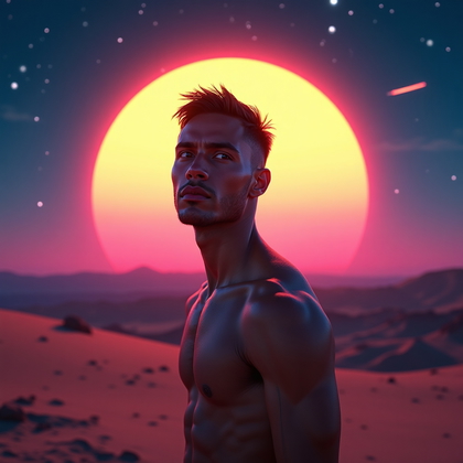 AI-generated photo: Photorealistic portrait photography, waist-up hero shot on a twilight desert plateau with alien rock...