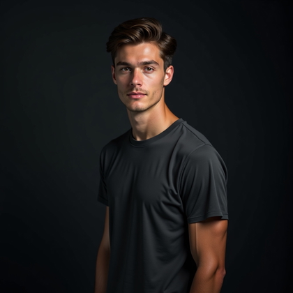 AI-generated photo: Photorealistic studio portrait. The subject is posed in a three-quarter view, standing against a dar...