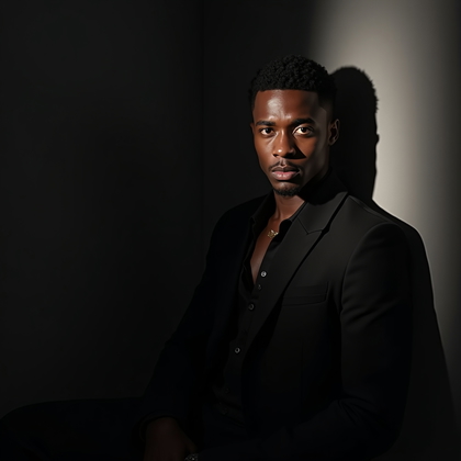 AI-generated photo: Photorealistic studio portrait in classic film-noir style with the subject in a sharply tailored dar...