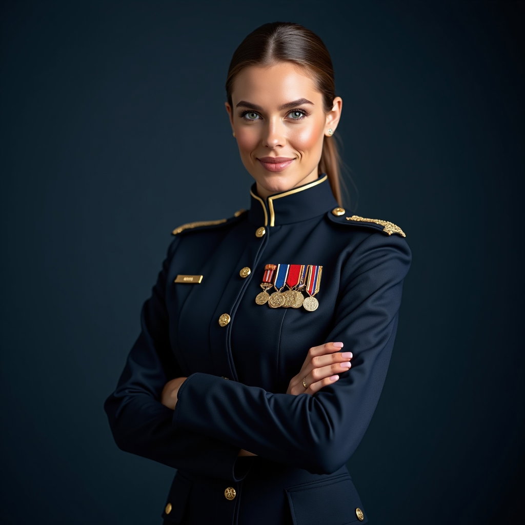 AI-generated photo: Photorealistic studio portrait photography. A polished, fashion-forward formal military portrait in ...