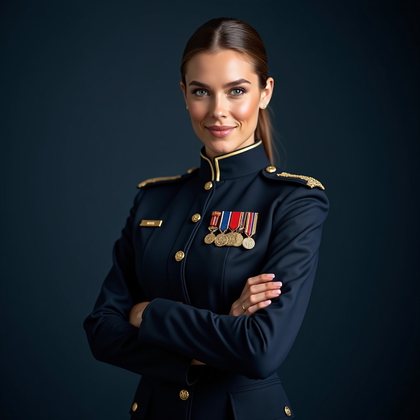 AI-generated photo: Photorealistic studio portrait photography. A polished, fashion-forward formal military portrait in ...