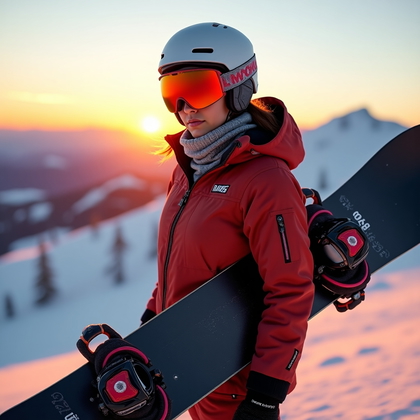 AI-generated photo: Photorealistic snowboard lifestyle photo at sunset with alpenglow washing across the slope; the subj...