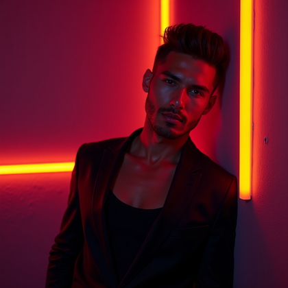 AI-generated photo: Photorealistic studio portrait. The subject is standing close to a textured studio wall, framed from...