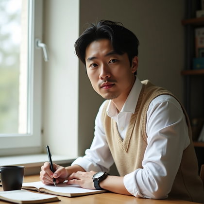Minimal Modern Poetcore Portrait That Doesn’t Look Like a Costume example: Photorealistic portrait photography. Half-body portrait at a simple writing desk, face clearly shown while leaning sligh