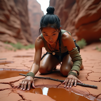 AI-generated photo: Photorealistic photography of a track reader crouch on a red-clay canyon floor with mosaic cracks an...