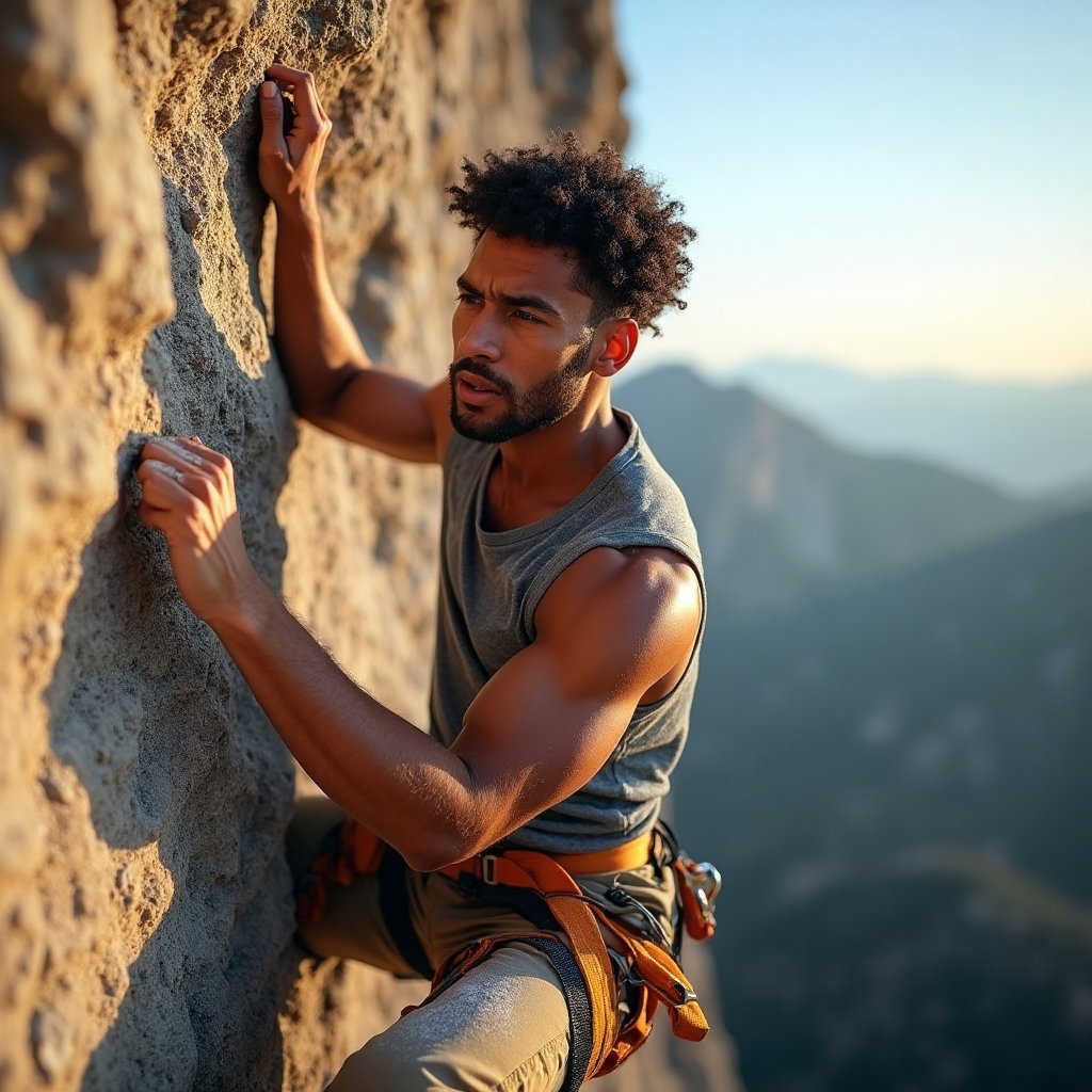 AI-generated photo: Athletic action photo featuring a man engaged in an intense rock climbing session on a rugged outdoo...