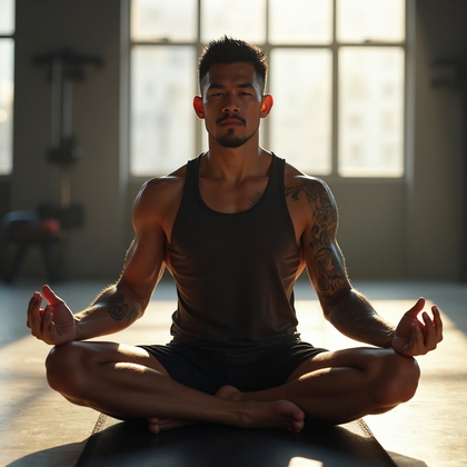 AI-generated photo: Photorealistic photography of a UFC fighter in a serene post-training meditation setting. The scene ...