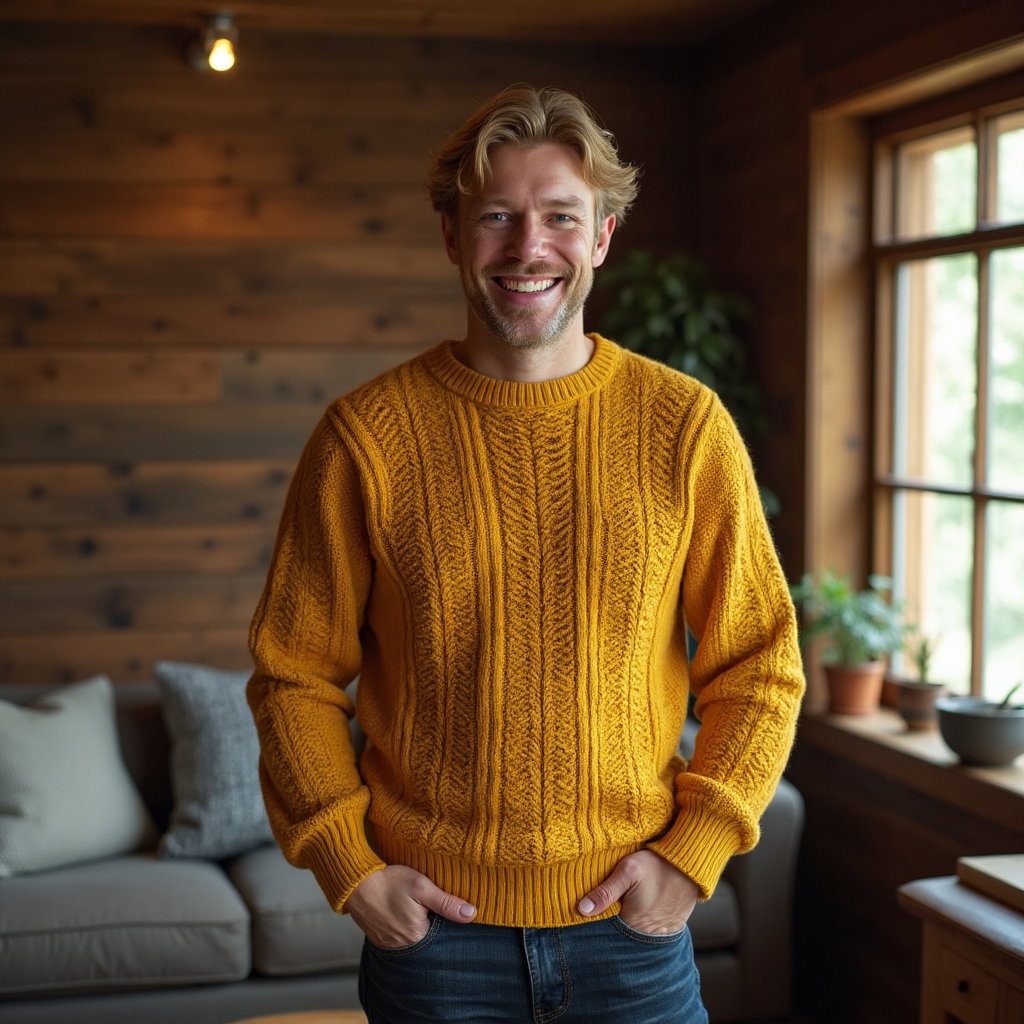AI-generated photo: Charming Smile Portrait featuring a man in a cozy, knitted mustard yellow sweater with a subtle cabl...