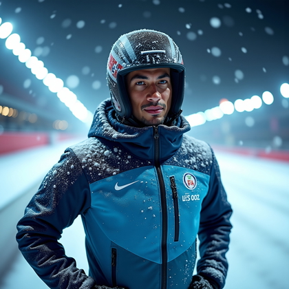 AI-generated photo: Photorealistic sports portrait photograph. A waist-up portrait of a winter Olympian bobsledder stand...