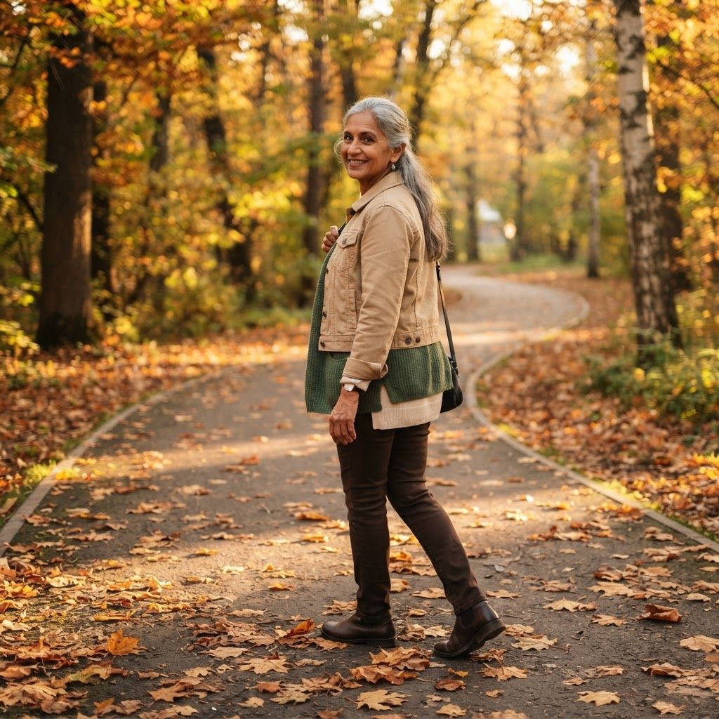 Soft Layers on a Leaf-Strewn Walk: Three-quarter-back view on a winding city-park path, turning toward the viewer while walking through fallen maple leaves.