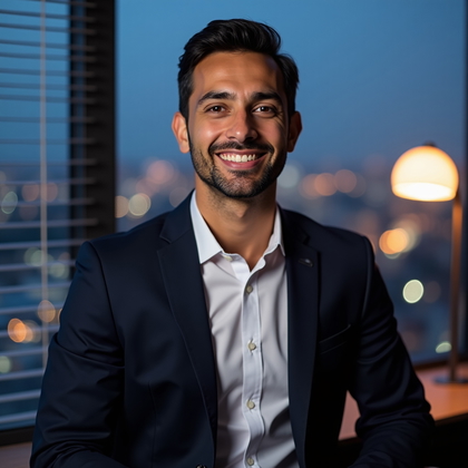 AI-generated photo: Professional headshot in a corner office at dusk with city lights creating an elegant bokeh through ...